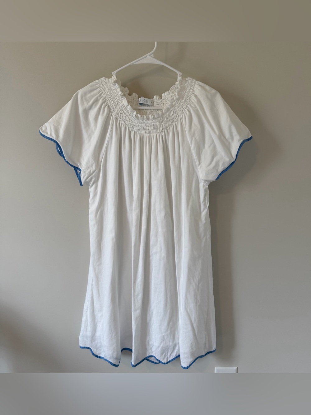 LAKE Pajamas Patio Dress White Blue Size Medium Scalloped
